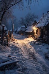 Poster - A snow-covered path leading to a small cabin. Perfect for winter-themed designs and cozy cabin getaways