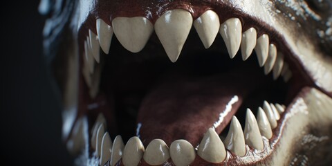 Poster - A close up view of a fake dinosaur head with its mouth wide open. This image can be used to add excitement and adventure to any project