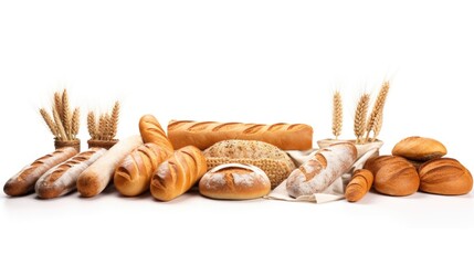 Poster - A collection of different types of bread and rolls displayed on a white surface. This image can be used to showcase the variety of bread options available or to represent a bakery or cafe setting