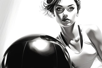 Poster - A woman holding a large black ball in front of her face. Perfect for conceptual and abstract projects