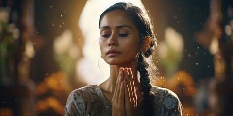 Poster - A woman is seen praying in the rain. This image can be used to depict faith, spirituality, or finding solace in difficult times