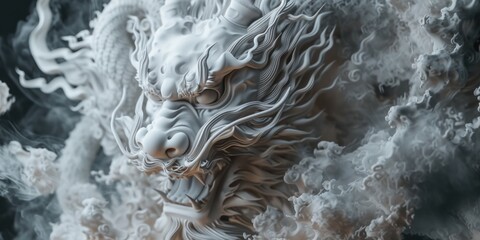 Poster - A majestic dragon statue surrounded by a swirling cloud of smoke. Perfect for adding a touch of fantasy and mystery to any project