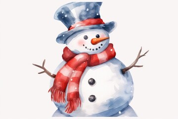 Canvas Print - A watercolor painting of a snowman wearing a hat and scarf. Perfect for winter-themed designs and holiday decorations