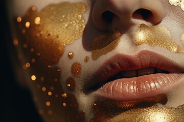 Poster - Close-up of a woman with gold paint on her face. Perfect for beauty, fashion, or artistic concepts
