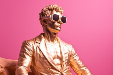 Poster - A gold statue of a man wearing sunglasses. Perfect for adding a touch of elegance and style to any setting