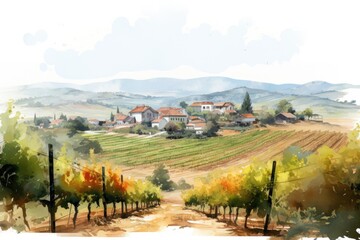 Poster - A beautiful watercolor painting depicting a vineyard with a charming village in the background. Perfect for showcasing the idyllic countryside and the serene beauty of nature.