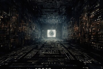 Poster - A dark room filled with numerous books on shelves. Suitable for educational and library concepts
