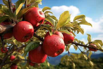 Poster - A bunch of red apples hanging from a tree. Perfect for food and agriculture related projects