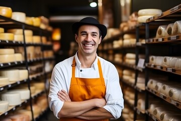 Portrait of a handsome cheese seller in uniform standing near the showcase full of different cheeses in the store