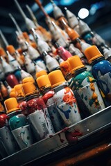 Aufkleber - A collection of paint bottles neatly arranged on a table. Perfect for art and design projects