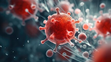 Poster - A detailed close-up of a red corona cell. Can be used to illustrate cellular biology or medical research