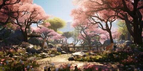 Aufkleber - A beautiful forest filled with vibrant pink flowers. Perfect for nature lovers and springtime themes