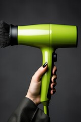 Poster - A person holding a green hair dryer. This versatile image can be used for various concepts related to hairstyling, beauty, personal care, and grooming