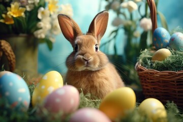 Poster - A cute rabbit sitting in the grass next to a basket of colorful eggs. Perfect for Easter and spring-themed projects