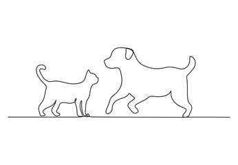 Poster - Single continuous line drawing of dog and cat vector illustration. Free vector