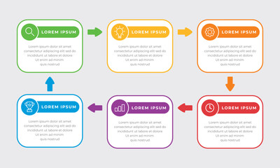 Wall Mural - Timeline infographic design. Colourful infographic steps with text boxes. Business concept with 6 steps.	