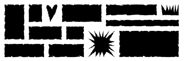 Wall Mural - Set of grunge jagged shape, including rectangle, irregular star, heart and crown. Black torn paper sheet for sticker, collage, banner. Vector illustration isolated on white background.