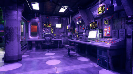 Poster - Fantasy future space station control room full of computer equipment. 3D rendering.