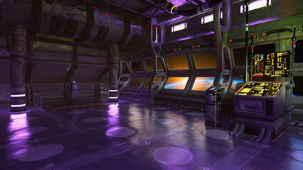 Poster - Large observation deck in a science fiction space station. 3D illustration.