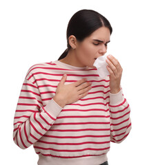 Sticker - Woman with tissue coughing on white background. Cold symptoms