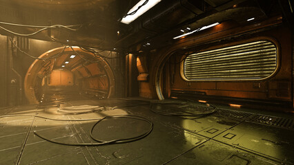 Poster - Dark moody futuristic underground cyberpunk tunnel environment with cables lying on the ground. 3D rendering.