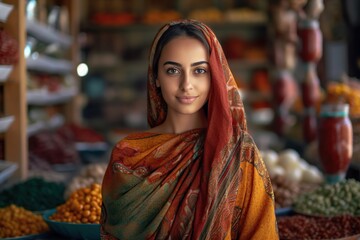 Portrait of female muslim woman standing, wearing hijab.