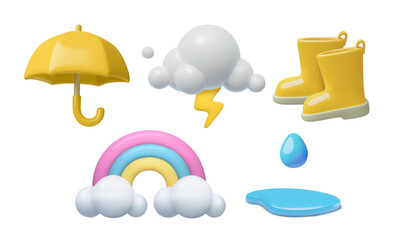 rainy weather 3d icons set. umbrella, yellow rubber boots, rain puddle, cloud with lightning bolt an