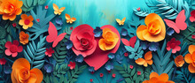Bright Red Floral Paper Cuts With Butterflies And A Big Red Heart On Blue Background. Valentine’s Day Artistic Concept Background Or Wallpaper Design.