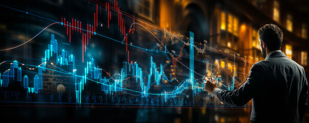 Aufkleber - futuristic financial analysis with businessman pointing to growth charts, representing investment su