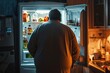 Back view of overweight man standing in front of opened refrigerator at night . Overweight. Overeating Concept. Obesity Concept with Copy Space.