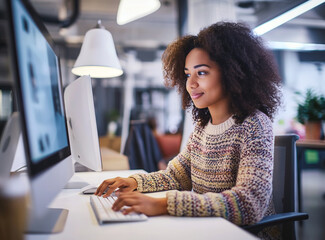 Wall Mural - A woman sitting at a desk, focused on her computer screen as she works.