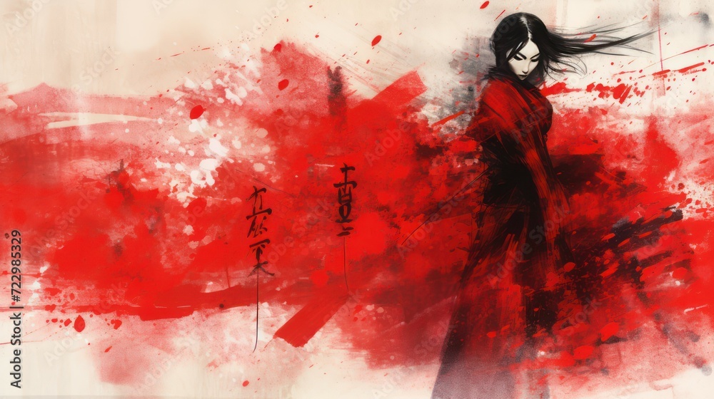 Red abstract painting on a modern exterior wall, Japanese female ninja ...