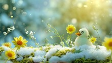 Cute Snowman With Yellow Flowers On Green Grass In Sunny Day