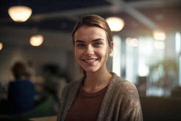 Beautiful lady in casual clothing smiling in the city office smiling happily and confidently