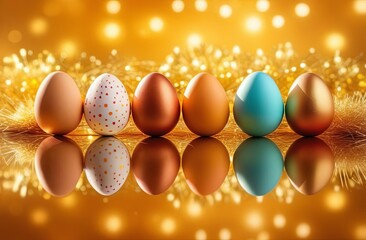 Wall Mural - Colorful Easter eggs in a plate on golden festive background frame with copy space for text in the middle