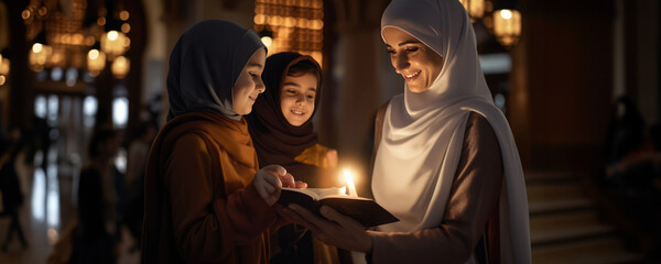 Sticker - A woman and two children lighting a candle together, Fictional character created by Generative AI.