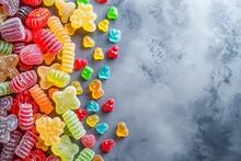 Trendy Gum Bears Candy Background With Copy Space For Text. Top View On Candies Of Gummy Jelly