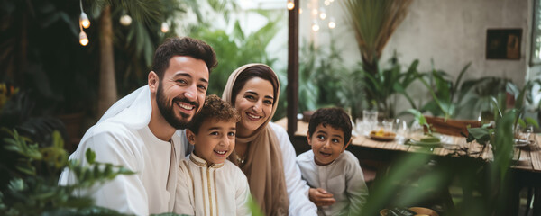 A family photo of a man, his wife, and their two sons posing together for a picture,  Fictional character created by Generative AI.