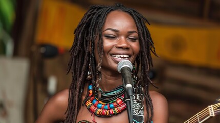 Wall Mural - A woman with dreadlocks playing a guitar and singing into the microphone, AI