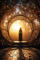 Sticker - A woman standing in a circle of trees with the sun shining, AI