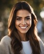 portrait of attractive college student latina girl with brunette skinned brazilian sincere smile, blurry background
