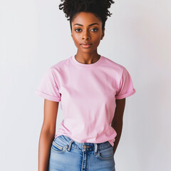 Wall Mural - Pink T-shirt Mockup, Black Woman, Girl, Female, Model, Wearing a Pink Tee Shirt and Blue Jeans, Blank Shirt Template, White Background, Close-up View