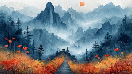 Wall Mural - A painting of a mountain scene with a wooden walkway