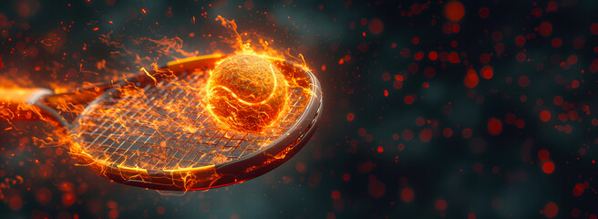 A flaming tennis ball fired quickly and dynamically by a tennis racket on the court. Competition and tournament concept.