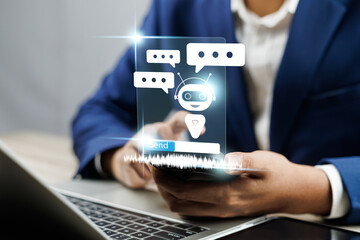 Fototapete - Businessman using AI chatbot conversation assistant in app on device for virtual assistance and customer support digital communication, Contact us Online service with AI Chatbot for efficient support.