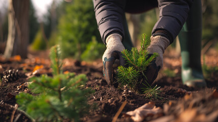 Man planting new conifer tree in open field.