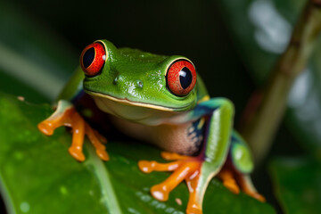 Wall Mural - Red-eyed tree frog sitting on a branch. Red Eyed Tree Frog, on a Leaf with Black Background. Gliding frog , animal closeup, Gliding frog sitting on moss, Indonesian tree frog.