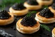 close up of delicious beluga caviar on a savory mini pancake, luxury, minimalist