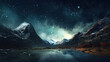Landscape of mountain and river on night sky abstract background. Generative ai..