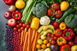 Colorful vegetables and fruits vegan food in rainbow colors. Assortment of Fruits and Vegetables Background. Piles of colorful, fresh fruits and vegetables create vibrant panorama of an anticancer die